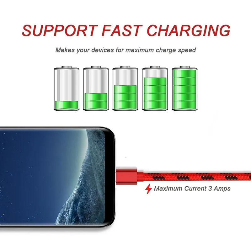 1/2/3M Type C USB 2A Fast Data Sync Cable for Samsung S10 S8 Xiaomi Mi Mix Max 3 2 A2 2S 8 Huawei P20 Pro Mate 20 Lite Charger
