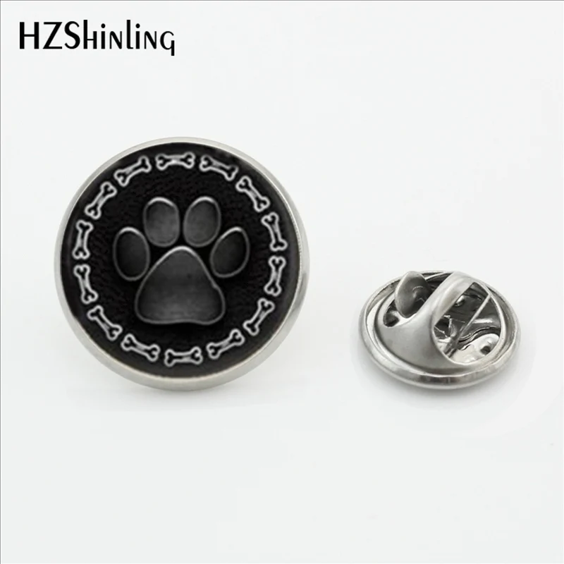 Joyería con estampado de pata de perro, alfileres de solapa de acero inoxidable con borde de hueso de perro, cabujón de cristal redondo, Yin Yang