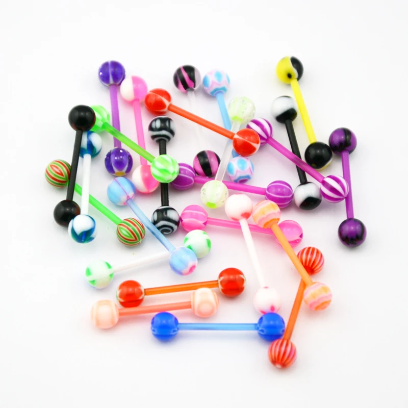 Showlove  100pcs Marble Tongue Barbell Rings Acrylic Tongue Piercing Mixed Color