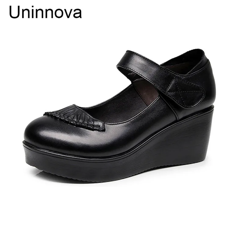 

Women's Wedge Heels Mary Janes Pleated Platform Genuine Leather Shallow Office Lady Work Business Shoes Uninnova WP115