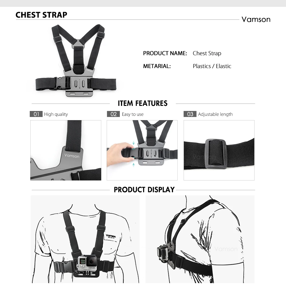 Vamson for Gopro hero 7 6 5 4 3 Monopod Tripod Chest Strap Belt J-Hook Buckle Wrench For SJCAM for SJ4000 for Xiaomi for Yi VS58