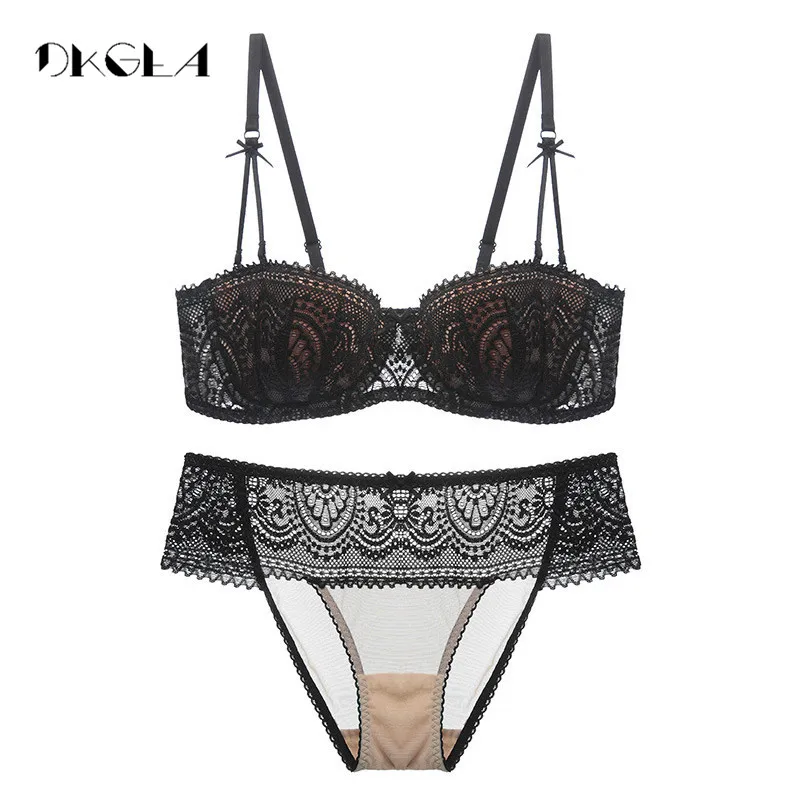 New young Half Cup bra set Plus Size D E cup Plunge thin womens bras Sexy lace underwear sets black cotton embroidery brassiere