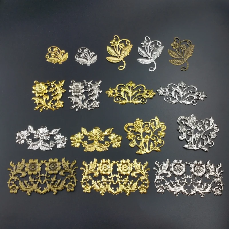 Filigree Metal flower Branch Slice Charms Setting Jewelry DIY Components  Crafts decorations Packing box cosplay Accessories