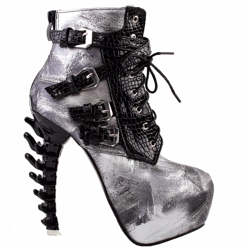 LF80648 Sexy Punk Design Brown Snake Pattern Bone High Heel Platform Ankle Boots Black