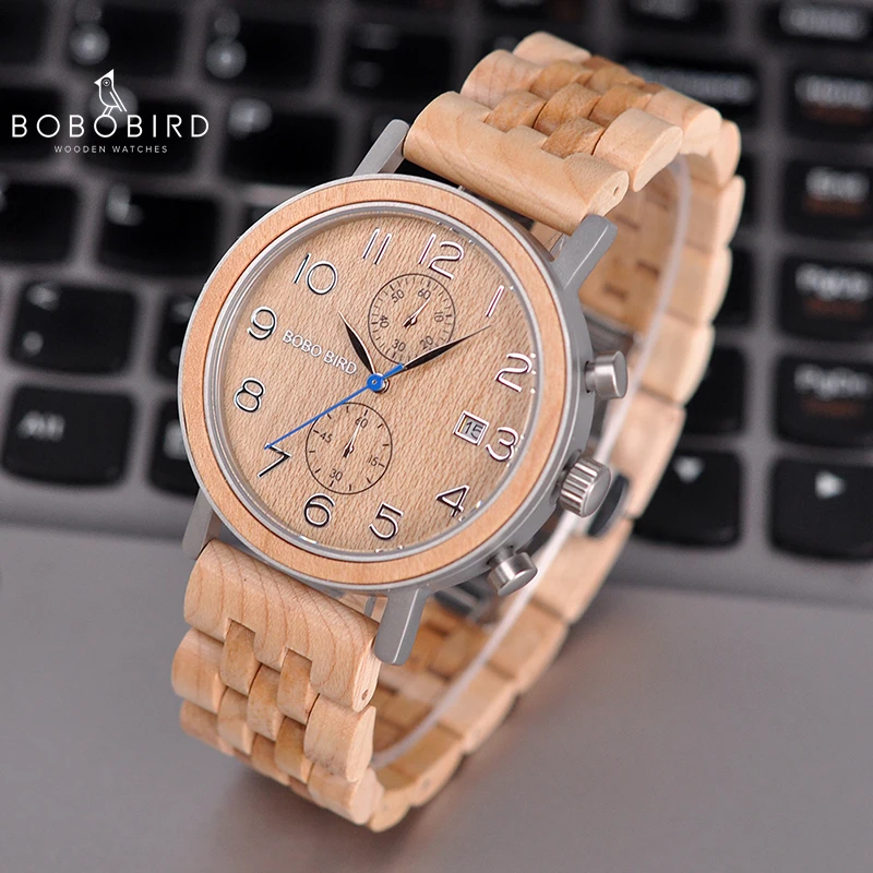 relogio masculino BOBO BIRD Top Brand Mens Watch Quartz Wristwatches Chronograph Date Show Best Gift In Wood Box V-S08