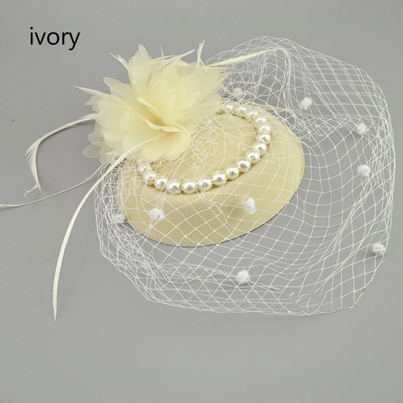 E JUE SHUNG Bridal Net Feather Hats White Red Black Birdcage Net Wedding Hats Bridal Fascinator Face Veils Pearls bride Hats