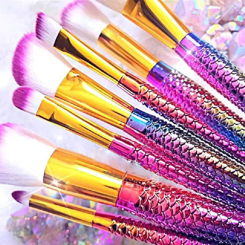 10PCS Mermaid Shape Makeup Brush Fish Scale Foundation Powder Eyeshadow Unicorn Makeup Brushes Contour Blending Cosmetic Brushes