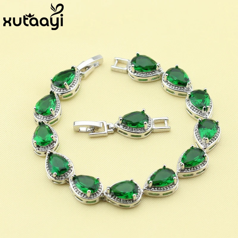 Hot Sell Silver Color Jewelry For Women Water Drop Green Imitated Emerald  Fashion Link Chain Bracelets Length 18+2cm Free Box