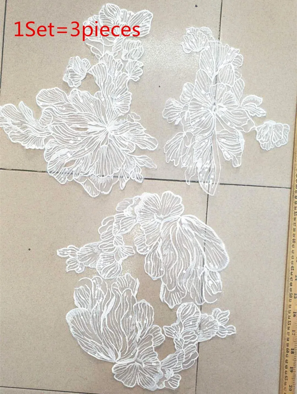 3 Stück pro Set. Handgefertigter französischer Spitzenstoff, elfenbeinweiße gestickte Applikation, hochwertige Hochzeitskleid-Accessoires, DIY, RS362 – Detail 15