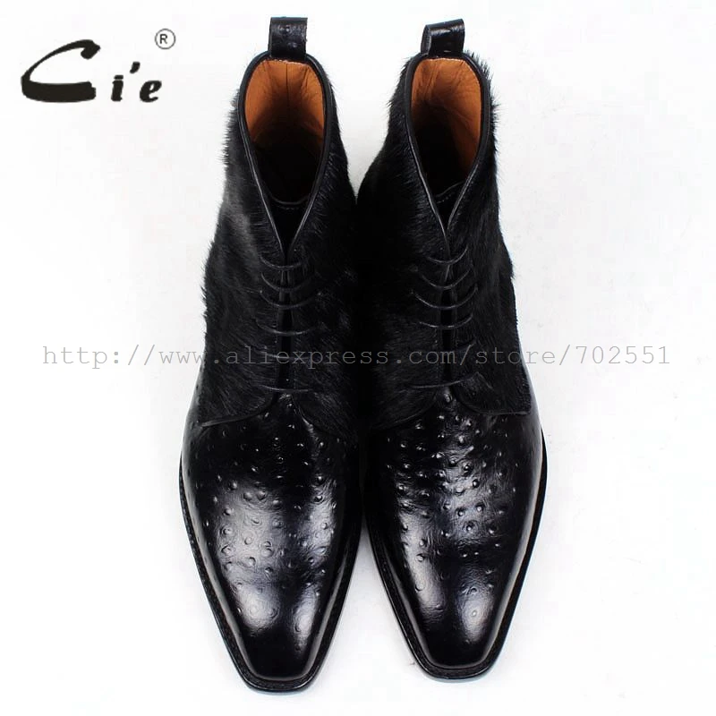 cie Free Shipping Handmade Horse Hair/Empossed Ostrich Calf Leather Outsole Buttom Breathable Color Black Men Leather Boots A86