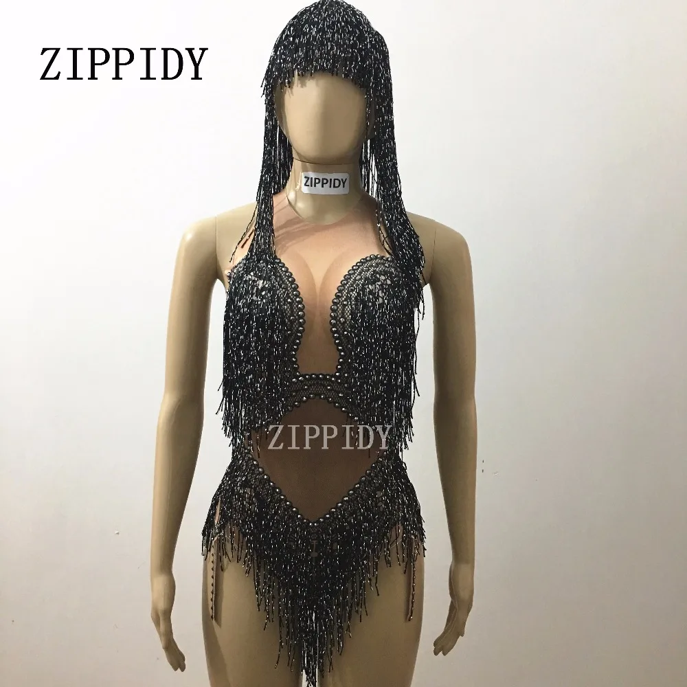 

Shining Black Tassel Rhinestones Glisten Stones Bodysuit Nigthclub Singer Outfit One-Piece Costume Stage Show Leotard Headdress