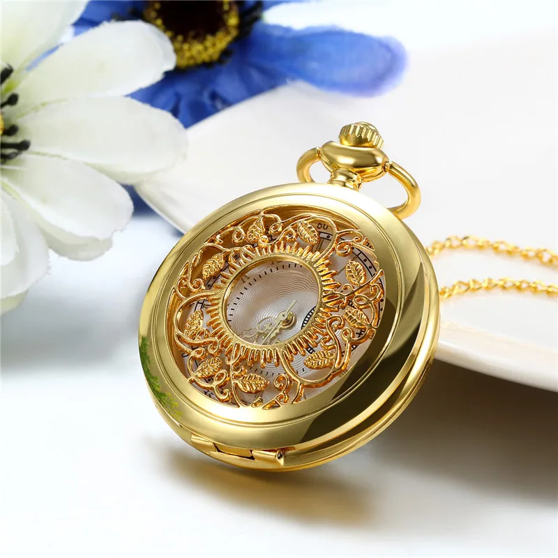 Lancardo Roman Numerals Gold Pocket Watch Hollow Leaf Tree Pocket Watches Unisex Luxury Brand Necklace Pendant Watch With Chain