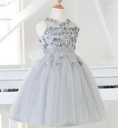 2017 Silver tulle Princess Girl Party Dresses Bead Appliques Tutu Wedding Dress for Christmas Kids Birthday clothes 12M-12Y