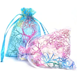 100 pçs branco azul organza presente saco 7x 9cm/9x1 2cm/10x1 5cm/13x18cm puro coralline organza joias bolsa de embalagem malotes