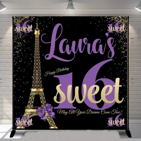 

Custom Gold Eiffel Tower Birthday Sequins Black sweet 16 photo backdrop Computer print party background