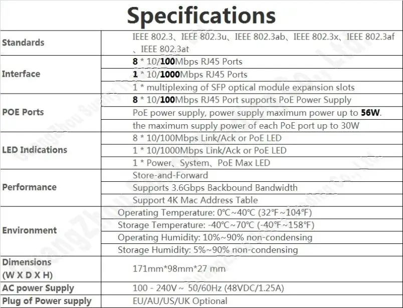 Max. 54W, 9 port 8 poe switch IEEE802.3af at PoE suit for all kind of poe camera or AP, Plug&Play, 1000Mbps port *1, SFP port *1