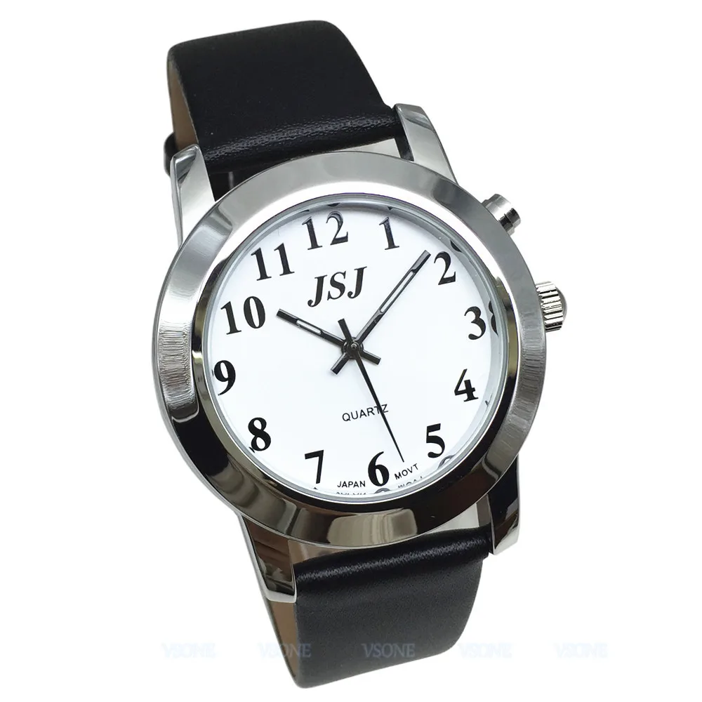 

English Talking Watch for Blind People or Visually Impaired People, Talking Date and Time, White Dial, Black Leather Strap