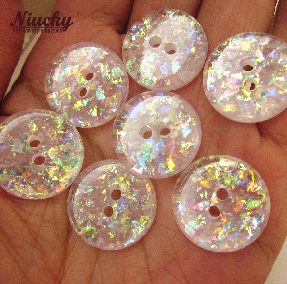 Niucky-Transparent Colorful Buttons for Sewing, Paillette for Bread Coat, Clothing Button Supplies, Good Fashion, 20mm, 2 Holes