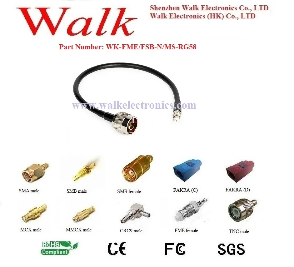 RF cable assembly: FME female straight bulkhead to N male straight with RG58 cable