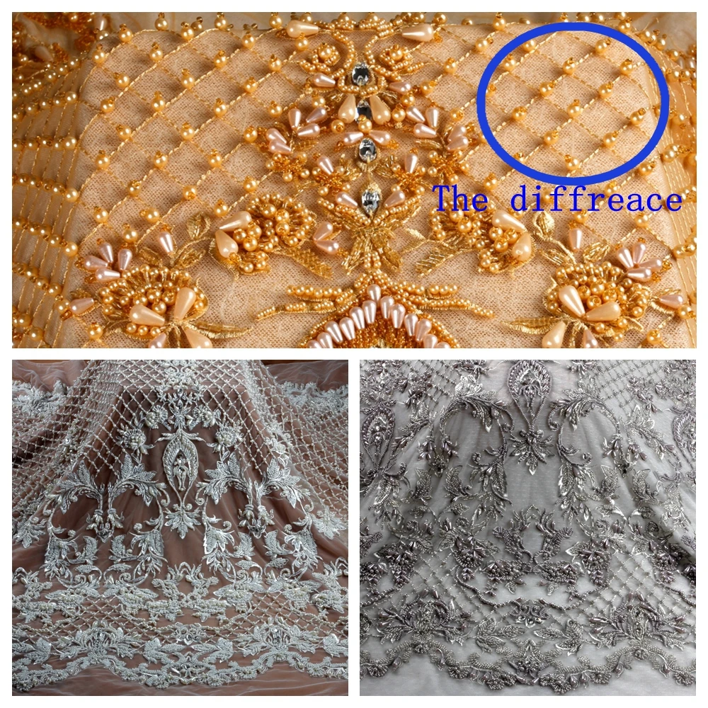 New fashion off white/gray/gold/wine heavy handmade beads on netting embroidered wedding dress/evening dress lace fabric by yard