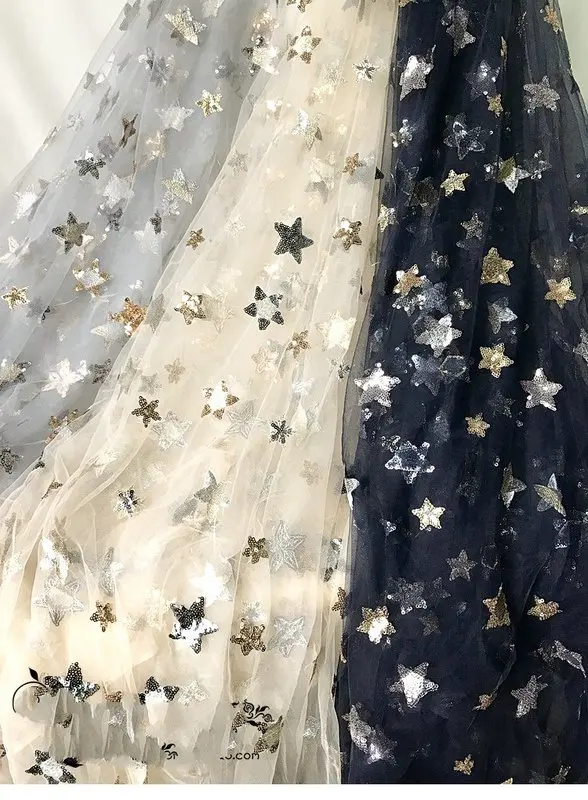 GLace 1Y/Lot Sequin Mesh Fabric Stars Embroidery Fabric for Dress Wedding Lace Decoration Custom DIY Lace Fabric TX924