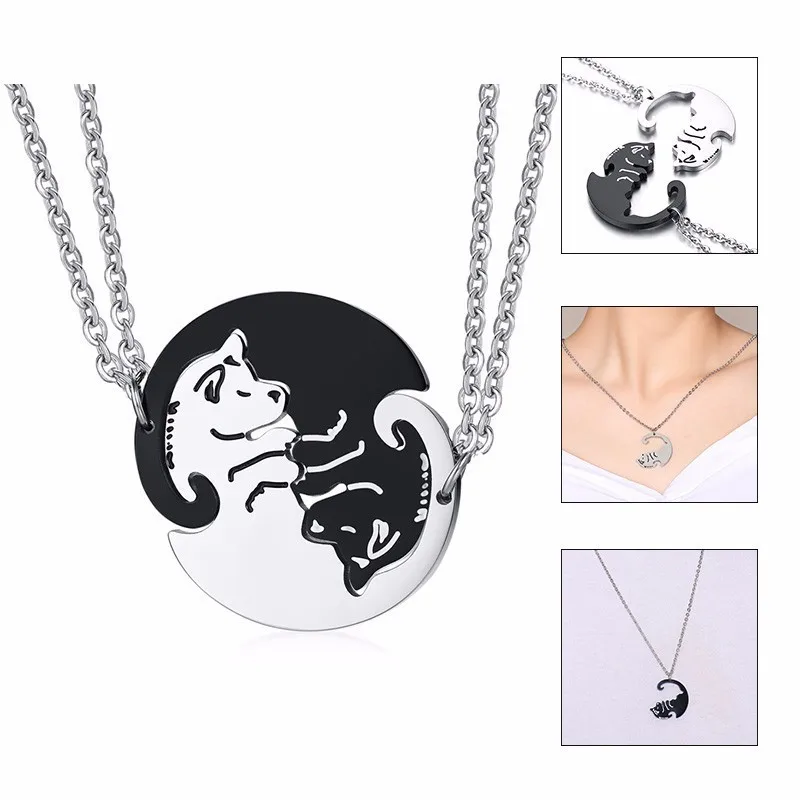2 Pcs/Set Cute Cat Dog Shape Heart Puzzle Couples Necklaces for Women Men Stainless Steel Pendants Lover Promise Keepsake Gifts