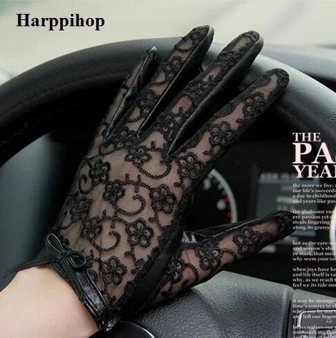 

New Women Lace Genuine Leather Gloves Unlined Nappa Lambskin Wrist Sunscreen Glove 2018 winter fashion car motor lace mittens