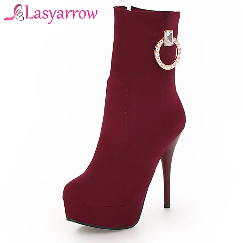 Lasyarrow Sexy Stiletto Botas Feminino Women\'s Autumn Winter Boots High Heels Ankle Boots Round Toe Platform Ladies Crystal Boot