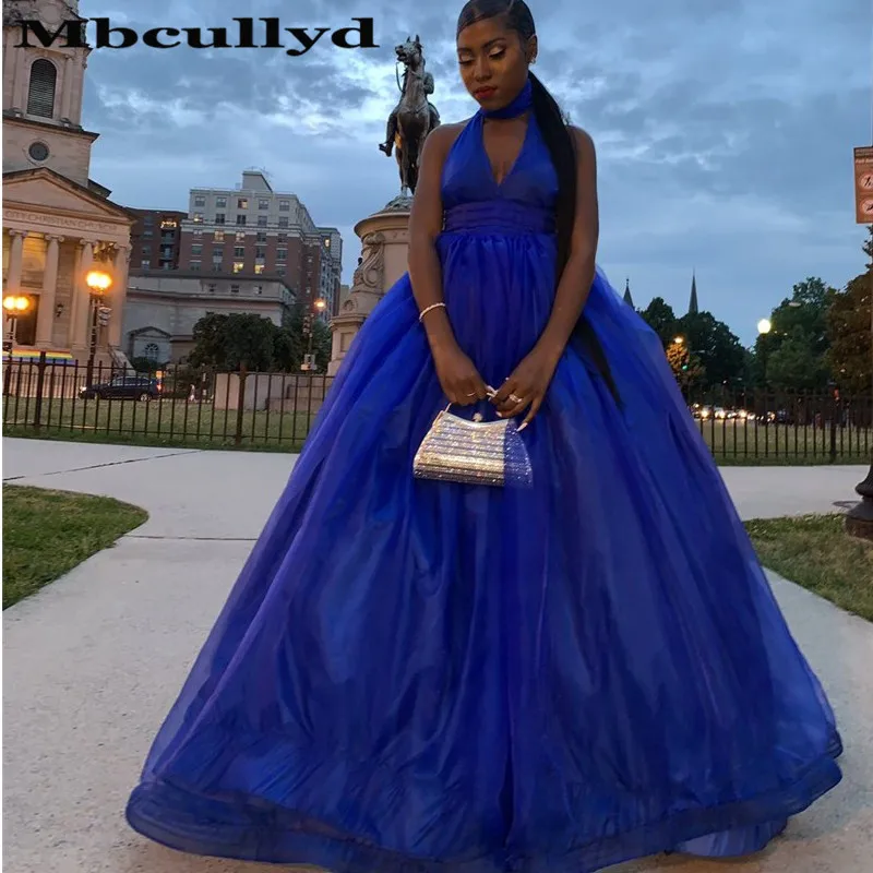 

Mbcullyd Royal Blue Prom Dresses 2023 Long Girl Evening Gala Gowns Sexy Backless High Neck Formal Robe De Soiree