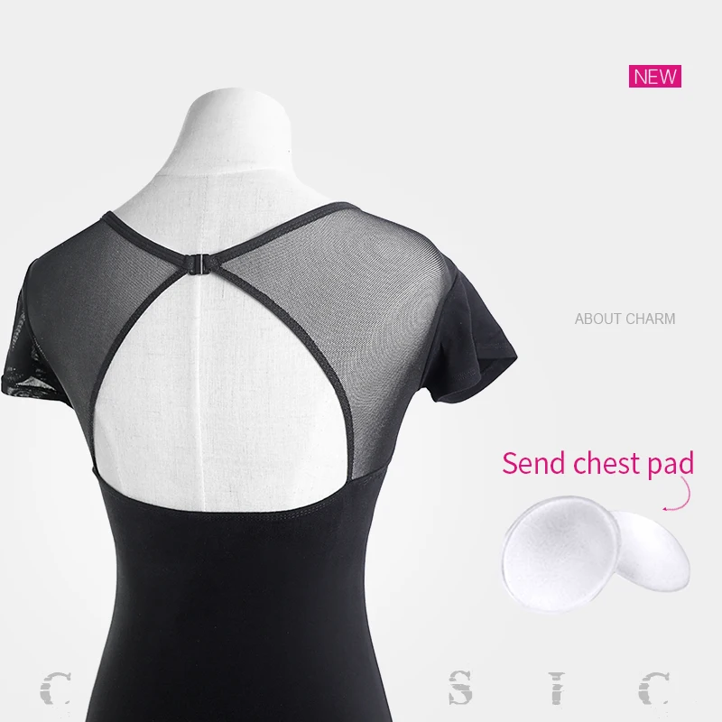 Women Ballet Dance Bodysuit Sexy Mesh Leotard Adult Black Back Transparent Gymnastics Leotards