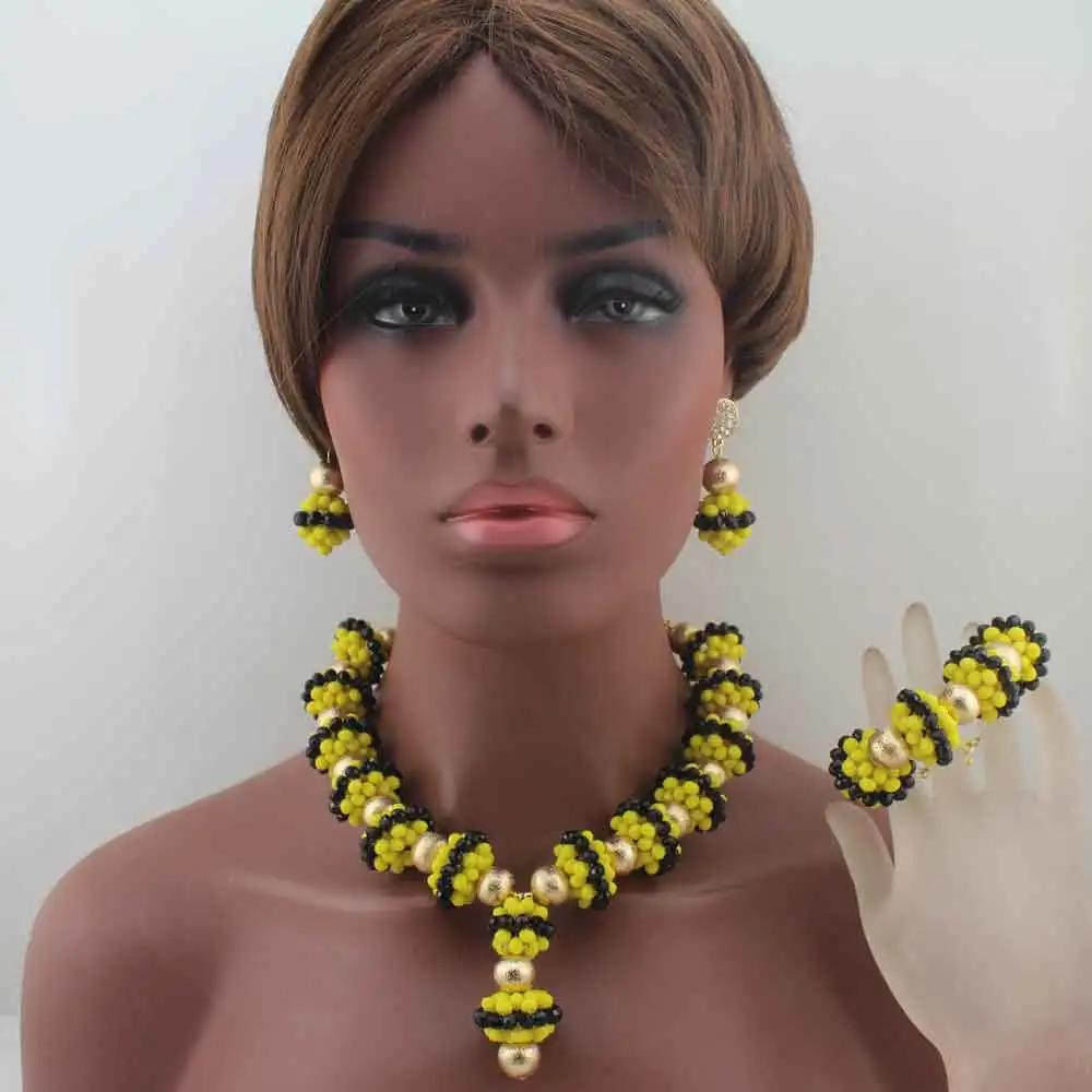 

New Yellow/Black African Beads Jewelry Set Party Crystal Pendant Necklace Earrings Bracelet Set Birthday Gift Free ShippingE0087