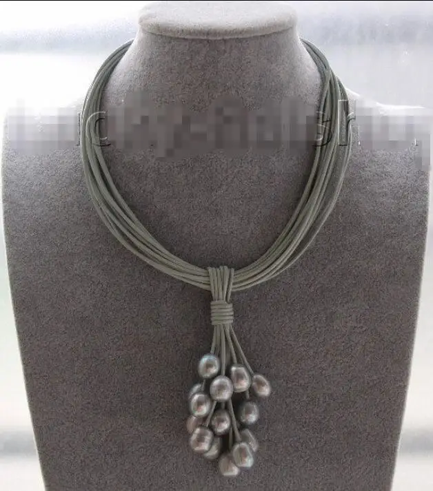 

Hot sale new Style Choker 16" 15row 14mm gray pearls gray leather necklace magnet clasp j9572