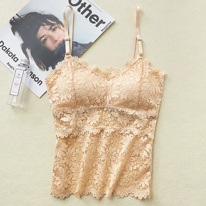 Lace Bra Women Tops Floral Lace Tanks Top Sexy Lingerie Bralette Wirefree Underwear Adjust Strap Removable Pads Camisoles