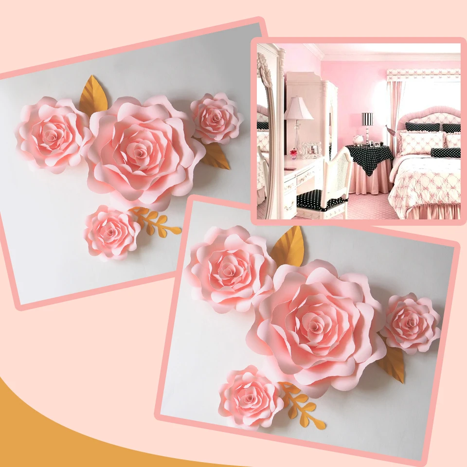 

DIY Artificial Flowers Fleurs Artificielles Backdrop Giant Paper Rose 4PCS + 3 Leave For Wedding Party Decoration Bedroom Decor