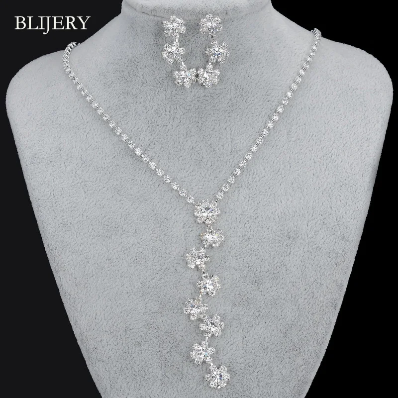 BLIJERY Simple Styles Crystal Wedding Jewelry Sets Silver Color Rhinetsone Necklace Earrings Set for Women Bridal Jewelry Sets