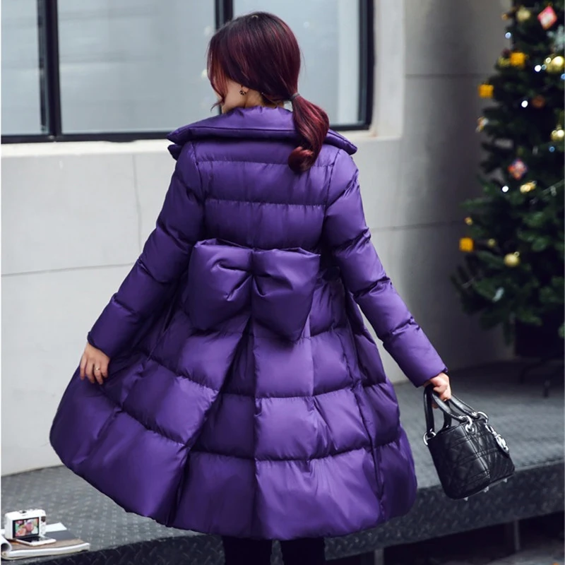 Winter parkas women cotton jacket fashion A-line Down cotton jackets Thick warm long Slim female Bow Big swing cotton coats N247