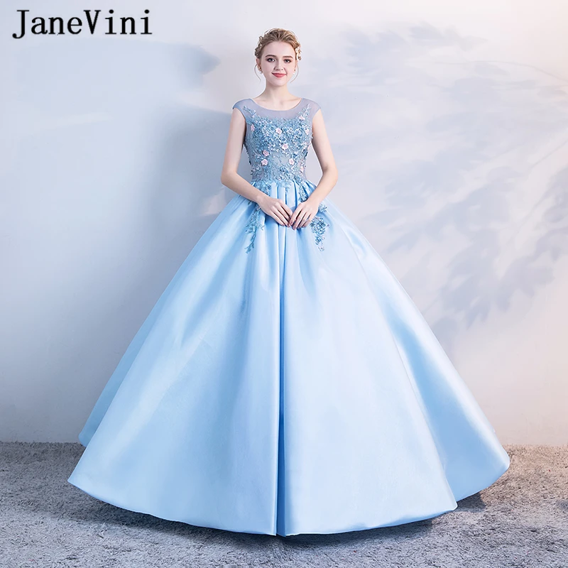 JaneVini الساحرة السماء الأزرق منتفخ Quinceanera فساتين زائد حجم الكرة ثوب 2019 سكوب الرقبة الحرير يزين مطرز الحلو 16 اللباس