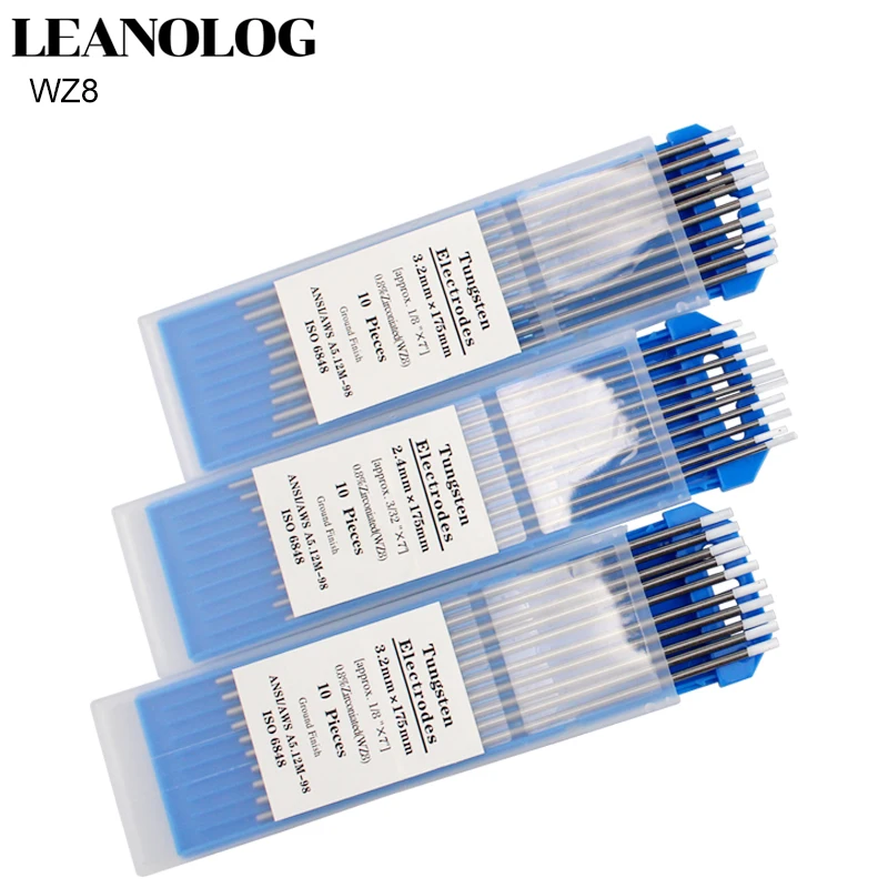 Electrodo de tungsteno WZ8 de cabeza blanca, 10 piezas, 1,0/1,6/2,0/2,4/3,0/3,2/4,0x175mm, aguja TIG