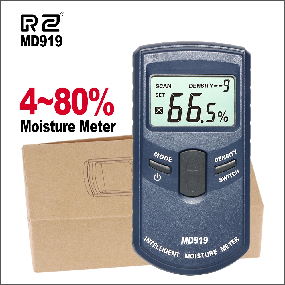 Rz medidores de umidade de papel indutivo digital, testador de umidade de papel com luz de fundo md919, medidor elétrico de madeira