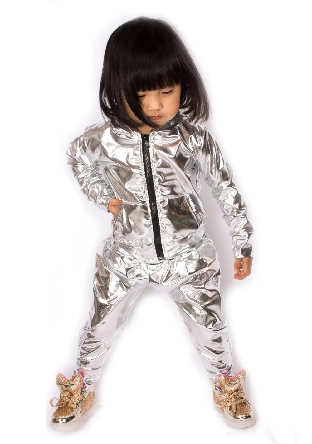 Spring Autumn Kids Silver Bomber Jacket Stage Performance Wear Paillette Feminina Casaco Jazz Hip Hop Dance Coat