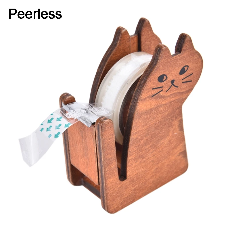 Peerless Coffee Color Cartoon cat wooden tape Dispenser Tape holder