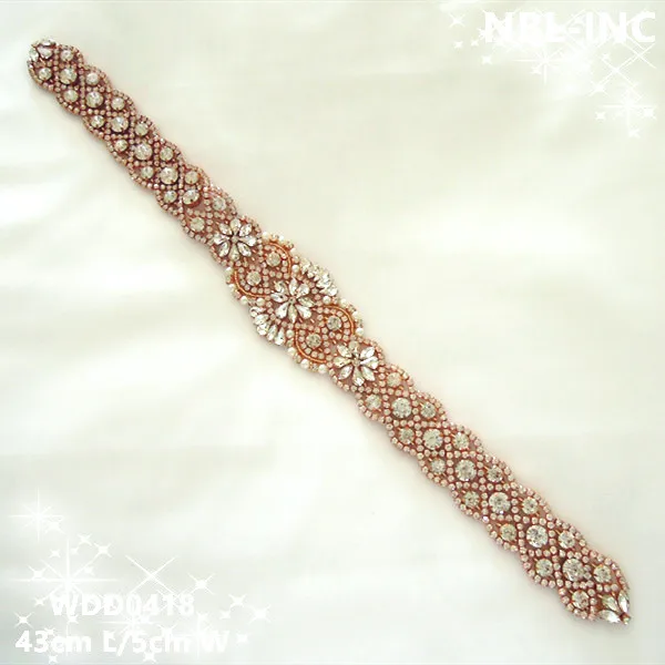 

(30 pieces) Wholesale bridal sash beaded sewing rose gold crystal rhinestone appliques for wedding dresses sash iron on WDD0418