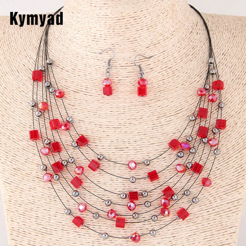 Kymyad Turkish Vintage Jewelry Sets Bohemian Crystal Multilayer African Beads Stone Jewelry Set Statement Necklace Earrings Set