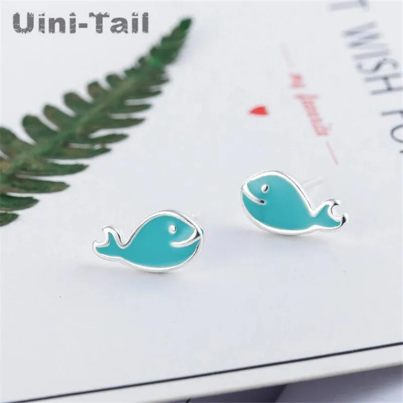 Uini-Tail hot new 925 Tibetan silver cute blue small whale earrings good mood sea blue earrings creative animal fashion jewelry