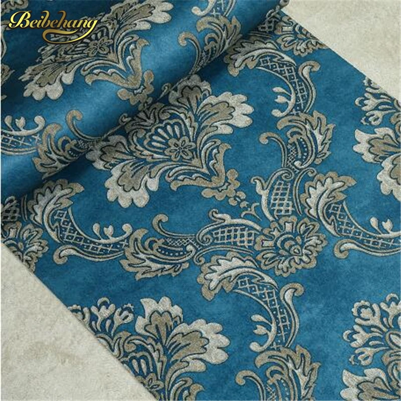 

beibehang papel de parede stereo non woven wallpaper background living room bedroom blue wallpaper Continental relief Damascus