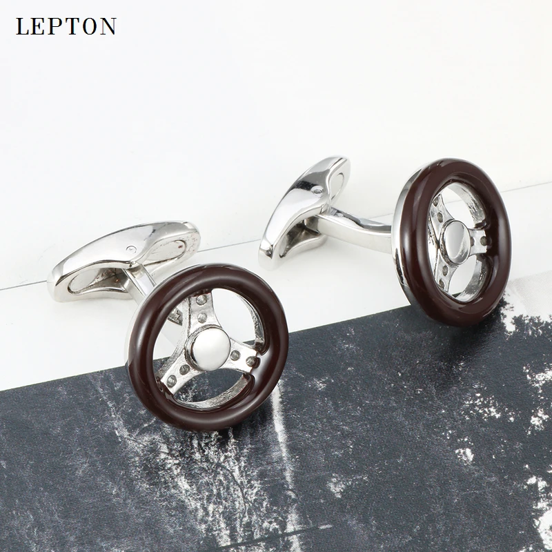 

Newest Car Wheel Cufflinks for Mens Shirt Cuff links Brand High Quality Brown Black Enamel Wheel Cufflink Lepton