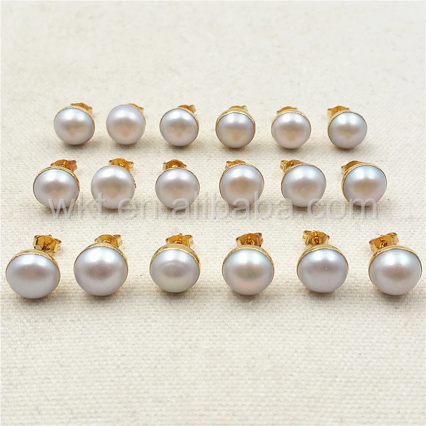 WT-E304 WKT Simple Style Natural Freshwater Pearl Stud Earring Gold Color Plated Round Shape For Women Decoration Stud Earring