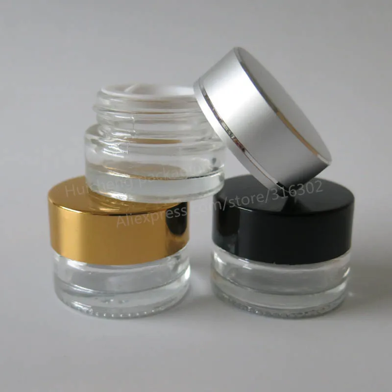 24 x 5g Travel Small glass cream jar with aluminum lids 5cc small glass cosmetic packaging, glass jar Silver Gold Black Cap