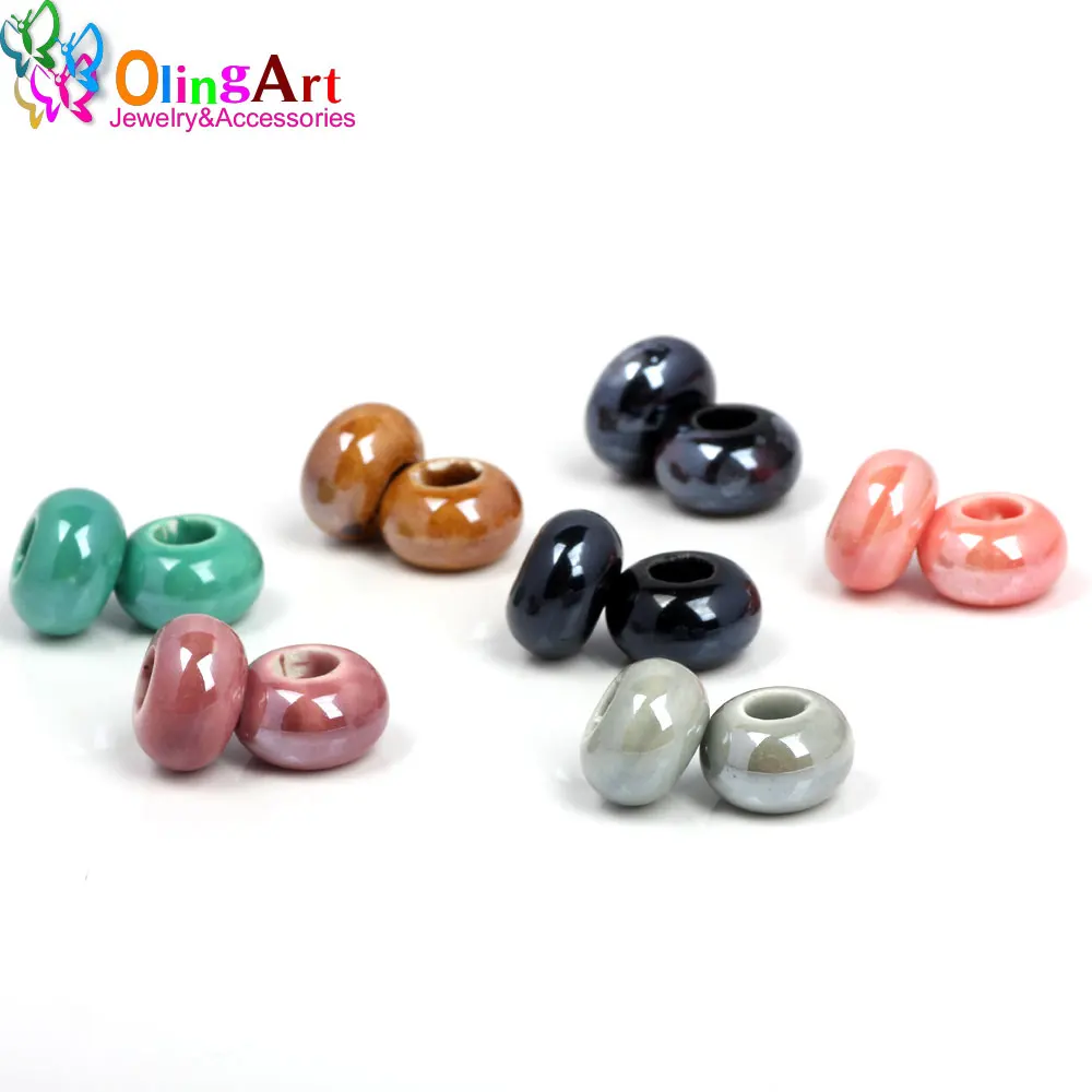 OlingArt 14x9mm 12Pcs Mix Color Big Hole Electroplating Ceramics Charm Beads For DIY European Bracelet Necklaces Jewelry making