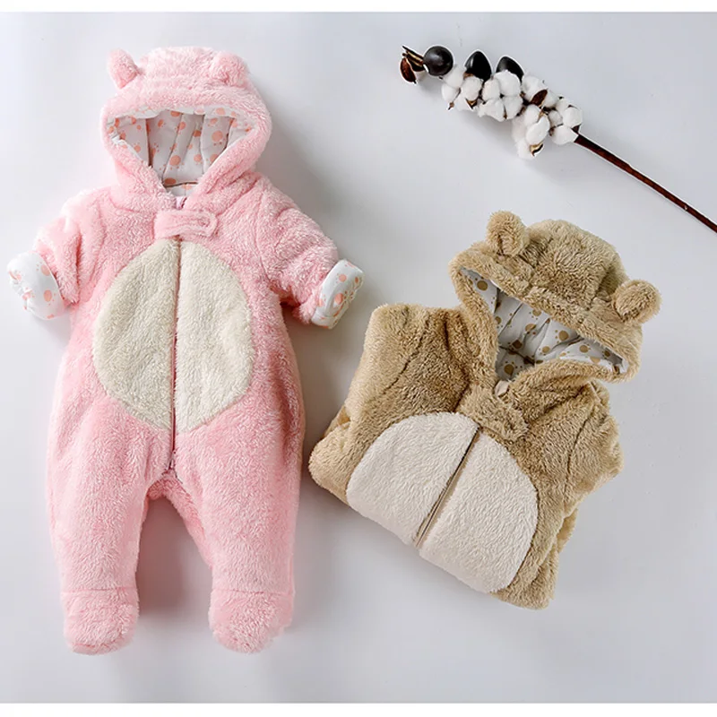 Baby clothes winter bear coral fleece hooded jumpsuit thick warm baby rompers children overalls kids boy girl clothes pajamas